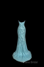 Vintage Mermaid Strapless Tulle Blue Beads Long Formal Prom Gown Fairy Formal Prom Dresses