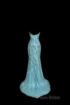 Vintage Mermaid Strapless Tulle Blue Beads Long Formal Prom Gown Fairy Formal Prom Dresses