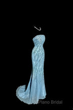 Vintage Mermaid Strapless Tulle Blue Beads Long Formal Prom Gown Fairy Formal Prom Dresses