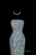 Vintage Mermaid Strapless Tulle Blue Beads Long Formal Prom Gown Fairy Formal Prom Dresses