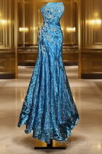 Vintage Mermaid Strapless Tulle Blue Long Formal Prom Gown Fairy Formal Prom Dresses
