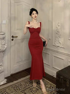 Vintage Mermaid Straps Black Satin Long Birthday Dress Prom Dresses