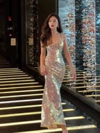 Vintage Mermaid Straps Sequin Backless Long Birthday Dress Prom Dresses