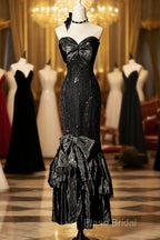 Vintage Mermaid Sweetheart Black Sequin Long Formal Prom Gown Fairy Formal Prom Dresses