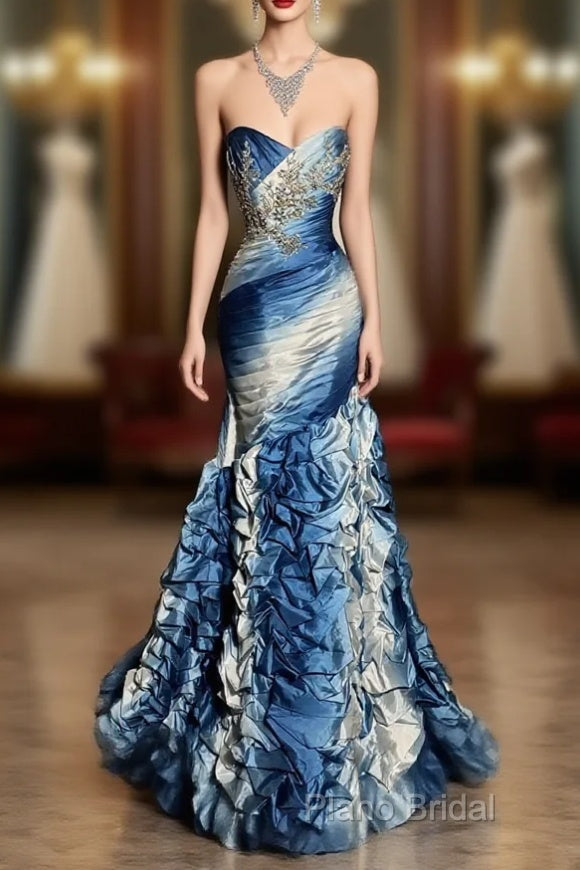 Vintage Mermaid Sweetheart Sleeveless Long Blue Formal Prom Gown Fairy Formal Prom Dresses