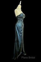 Vintage Mermaid Sweetheart Sleeveless Long Blue Slit Formal Prom Gown Fairy Formal Prom Dresses