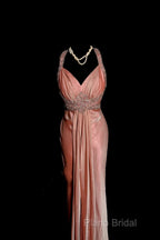 Vintage Mermaid V Neckline Pink Backless Long Formal Prom Gown Fairy Formal Prom Dresses