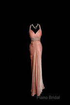 Vintage Mermaid V Neckline Pink Backless Long Formal Prom Gown Fairy Formal Prom Dresses