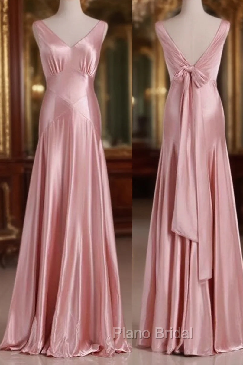 Vintage Mermaid V Neckline Pink Satin Long Formal Prom Dresses Party Evening Dresses Main image