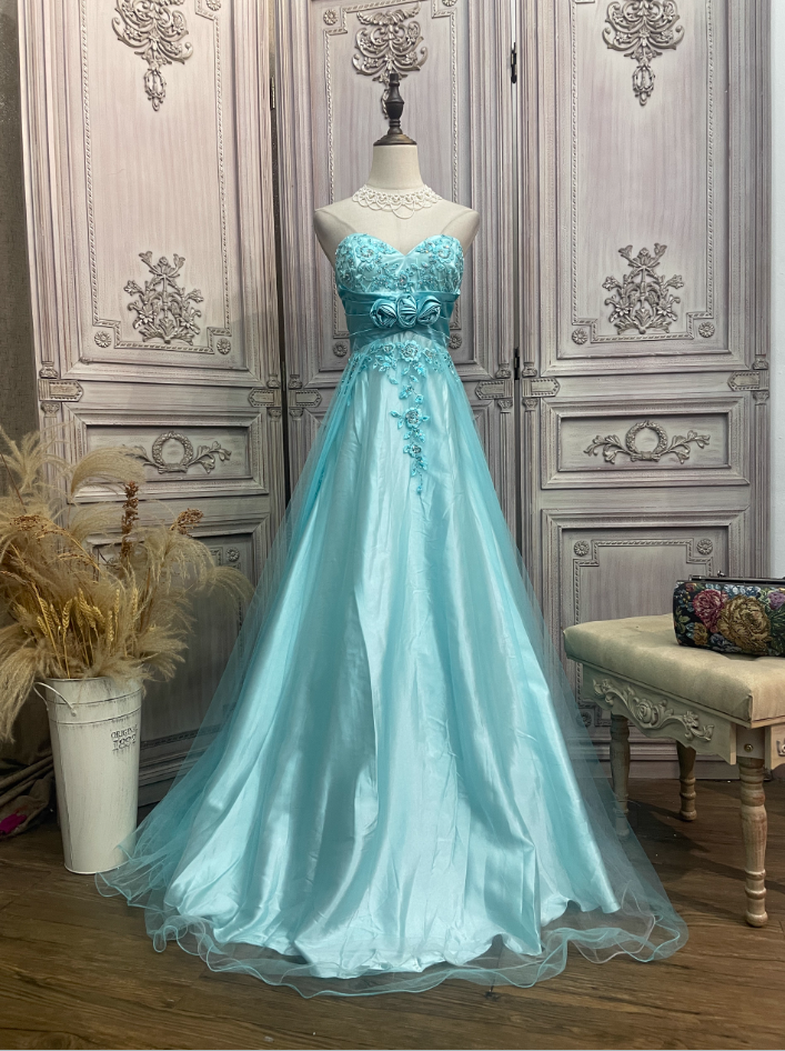 Vintage Mint Ice Blue A-Line Strapless 3D Floral Embroidery Satin Tulle Long Formal Prom Dresses Secondary image