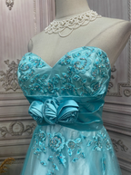 Vintage Mint Ice Blue A-Line Strapless 3D Floral Embroidery Satin Tulle Long Formal Prom Dresses