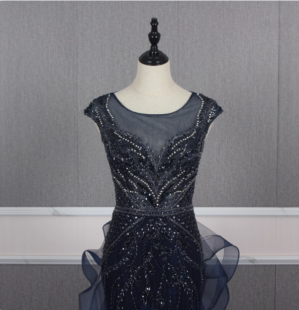 Vintage Navy Blue Mermaid Crew Neck Beaded Tulle Train Formal Prom Dresses Secondary image