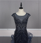 Vintage Navy Blue Mermaid Crew Neck Beaded Tulle Train Formal Prom Dresses