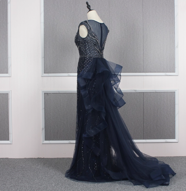 Vintage Navy Blue Mermaid Crew Neck Beaded Tulle Train Formal Prom Dresses