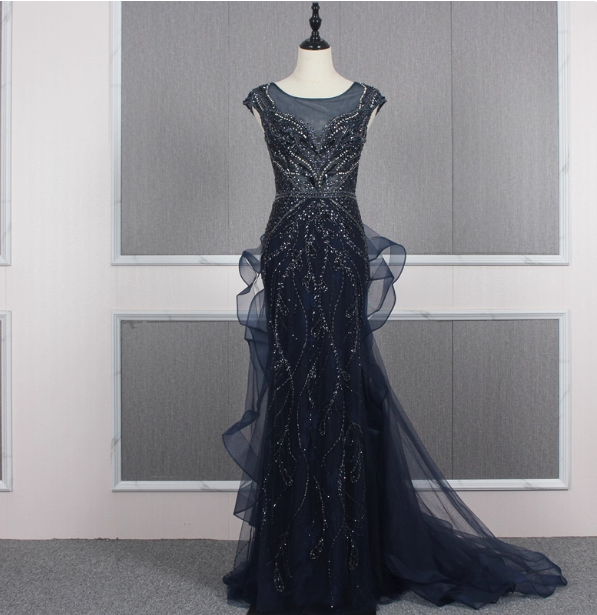 Vintage Navy Blue Mermaid Crew Neck Beaded Tulle Train Formal Prom Dresses Main image