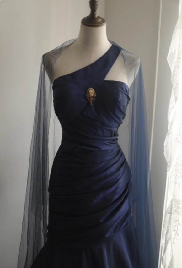 Vintage Navy Blue Mermaid One-Shoulder Satin Long Formal Prom Dresses