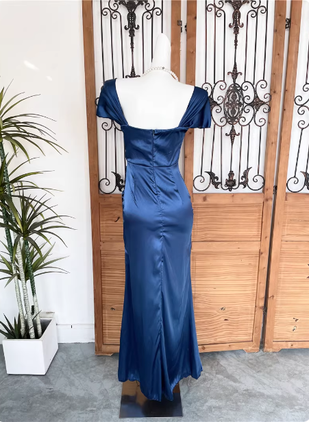 Vintage Navy Blue Mermaid Puff Sleeve Satin Long Formal Prom Dresses Secondary image