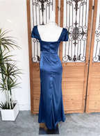Vintage Navy Blue Mermaid Puff Sleeve Satin Long Formal Prom Dresses