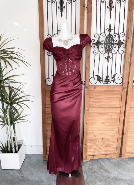 Vintage Navy Blue Mermaid Puff Sleeve Satin Long Formal Prom Dresses