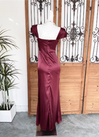 Vintage Navy Blue Mermaid Puff Sleeve Satin Long Formal Prom Dresses