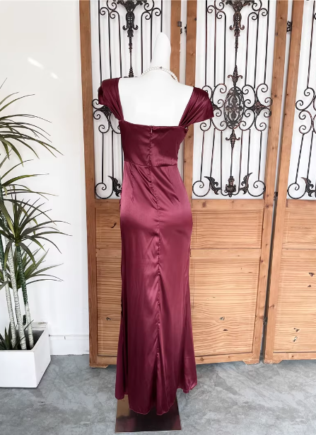 Vintage Navy Blue Mermaid Puff Sleeve Satin Long Formal Prom Dresses