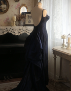 Vintage Navy Blue Mermaid Spaghetti Strap Square Neck Backless Satin Train Formal Prom Dresses