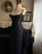 Vintage Navy Blue Mermaid Spaghetti Strap Square Neck Backless Satin Train Formal Prom Dresses