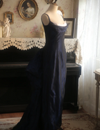 Vintage Navy Blue Mermaid Spaghetti Strap Square Neck Backless Satin Train Formal Prom Dresses