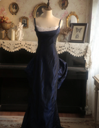 Vintage Navy Blue Mermaid Spaghetti Strap Square Neck Backless Satin Train Formal Prom Dresses