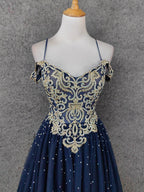Vintage Navy Blue Off-Shoulder Gold Embroidered Rhinestone Tulle Long Formal Prom Dresses