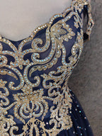 Vintage Navy Blue Off-Shoulder Gold Embroidered Rhinestone Tulle Long Formal Prom Dresses