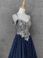 Vintage Navy Blue Off-Shoulder Gold Embroidered Rhinestone Tulle Long Formal Prom Dresses