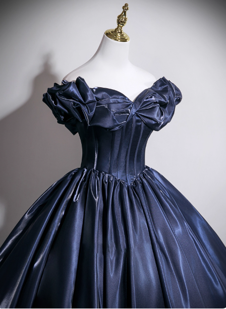 Vintage Navy Blue Off-The-Shoulder Satin Ball Gown Prom Dresses Sweet 16 Dresses