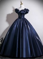 Vintage Navy Blue Off-The-Shoulder Satin Ball Gown Prom Dresses Sweet 16 Dresses