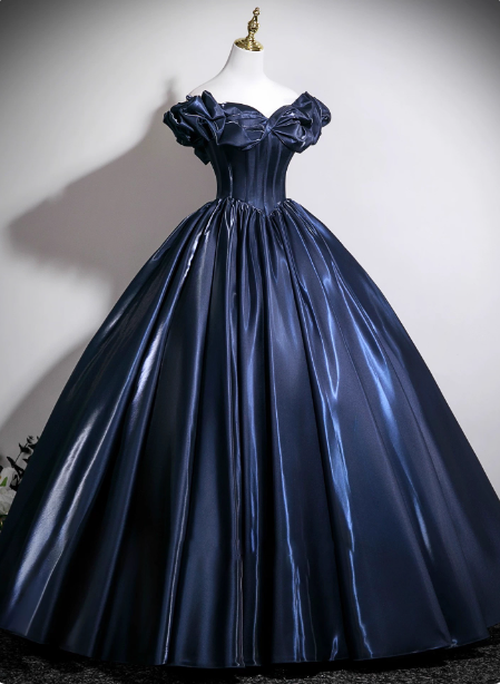 Vintage Navy Blue Off-The-Shoulder Satin Ball Gown Prom Dresses Sweet 16 Dresses
