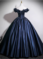 Vintage Navy Blue Off-The-Shoulder Satin Ball Gown Prom Dresses Sweet 16 Dresses