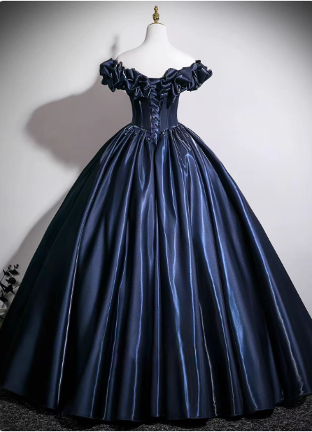 Vintage Navy Blue Off-The-Shoulder Satin Ball Gown Prom Dresses Sweet 16 Dresses