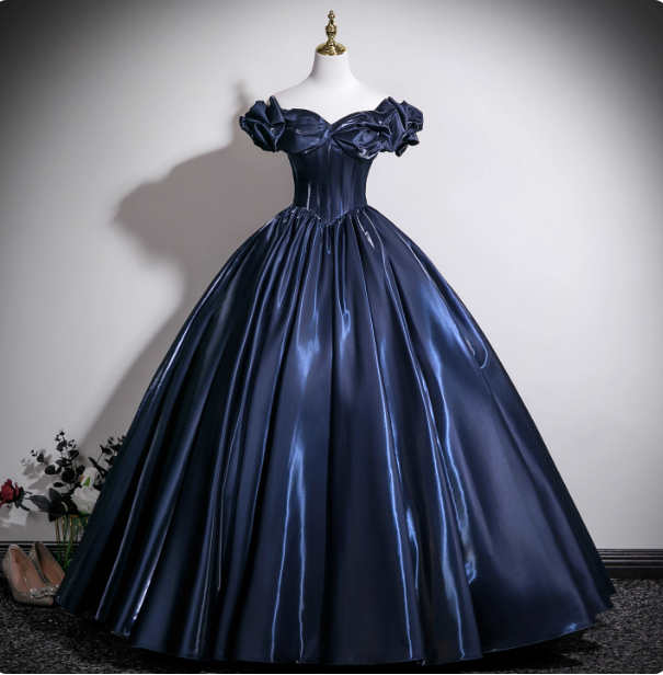 Vintage Navy Blue Off-The-Shoulder Satin Ball Gown Prom Dresses Sweet 16 Dresses
