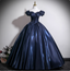 Vintage Navy Blue Off-The-Shoulder Satin Ball Gown Prom Dresses Sweet 16 Dresses