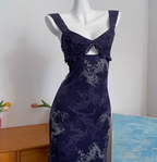 Vintage Navy Blue Spaghetti Strap Printed Lace Tulle Long Formal Prom Dresses