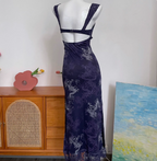 Vintage Navy Blue Spaghetti Strap Printed Lace Tulle Long Formal Prom Dresses
