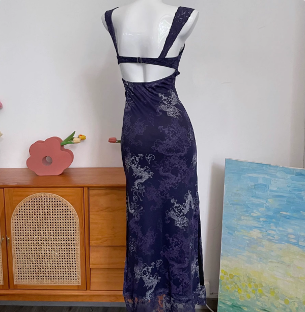Vintage Navy Blue Spaghetti Strap Printed Lace Tulle Long Formal Prom Dresses