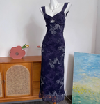 Vintage Navy Blue Spaghetti Strap Printed Lace Tulle Long Formal Prom Dresses