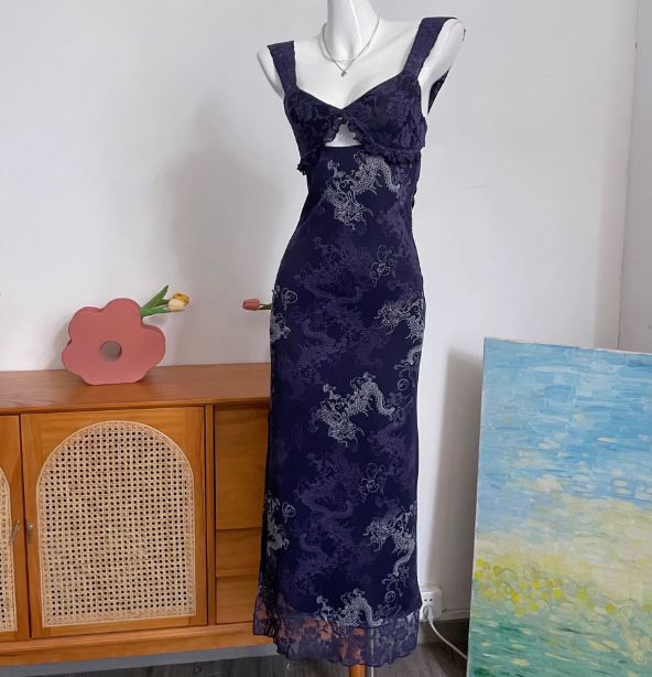Vintage Navy Blue Spaghetti Strap Printed Lace Tulle Long Formal Prom Dresses
