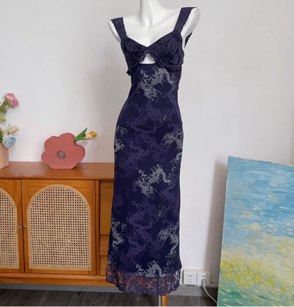 Vintage Navy Blue Spaghetti Strap Printed Lace Tulle Long Formal Prom Dresses Main image
