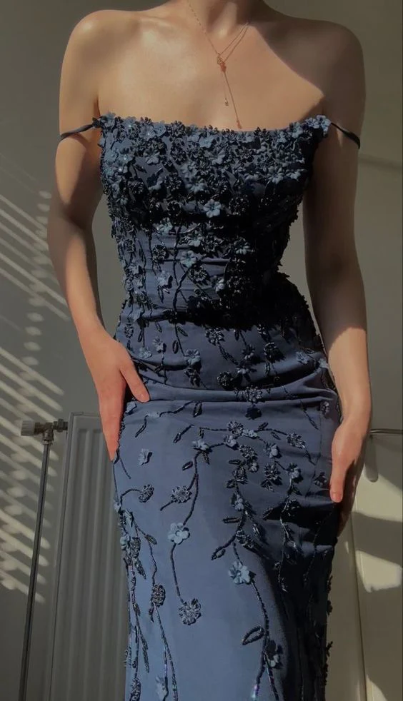 Vintage Navy Blue Spaghetti Straps Formal Prom Dresses Sexy Mermaid Formal Evening Dresses Main image