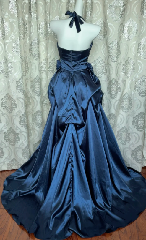Vintage Navy Blue Strapless Satin Long Ball Gown Prom Dresses