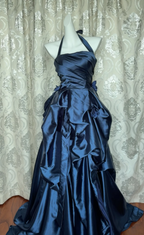 Vintage Navy Blue Strapless Satin Long Ball Gown Prom Dresses