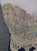 Vintage Navy Blue Sweetheart Neck Lace Rhinestone-Embellished Tulle Long Formal Prom Dresses
