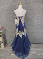 Vintage Navy Blue Sweetheart Neck Lace Rhinestone-Embellished Tulle Long Formal Prom Dresses